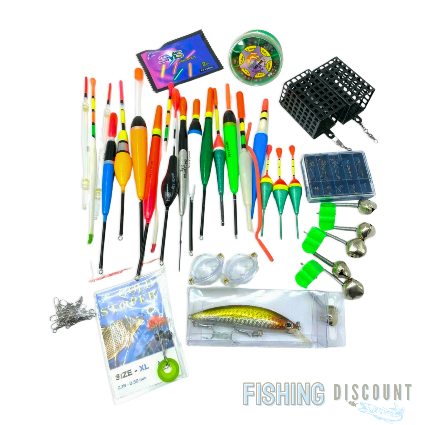Angelzubehör Set bestehend aus Posen, Wobbler, Haken, Klemmblei, Angelglöckchen