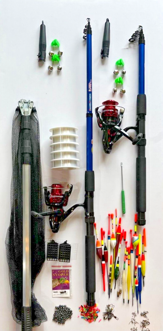 Riesen Angelset Starterset 2 Rute+ 2 Rolle+ Kescher+ Zubehör + Angelschnur
