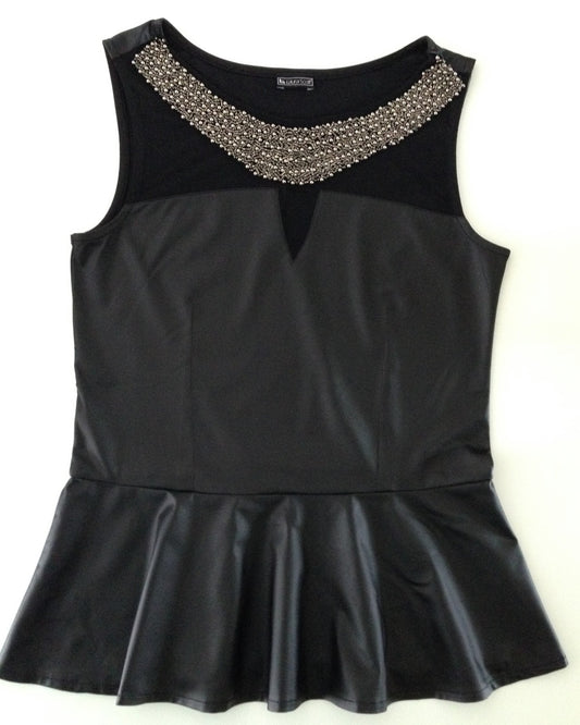 Top Damen Schößchentop schwarz Lederimitat Corsagen-Look NEU