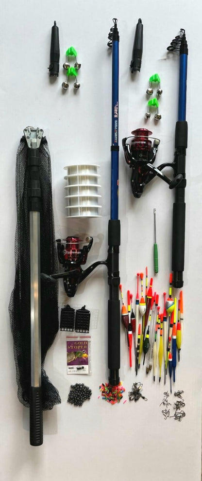 Riesen Angelset Starterset 2 Rute+ 2 Rolle+ Kescher+ Zubehör + Angelschnur
