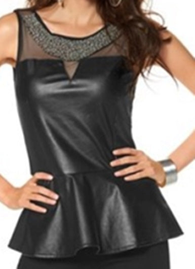 Top Damen Schößchentop schwarz Lederimitat Corsagen-Look NEU