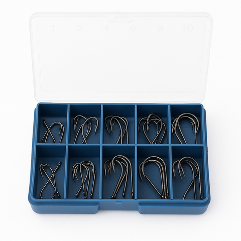 Angelhaken Set 50 Stück | Größe 4–12 | Titan-Look – in Sortierbox